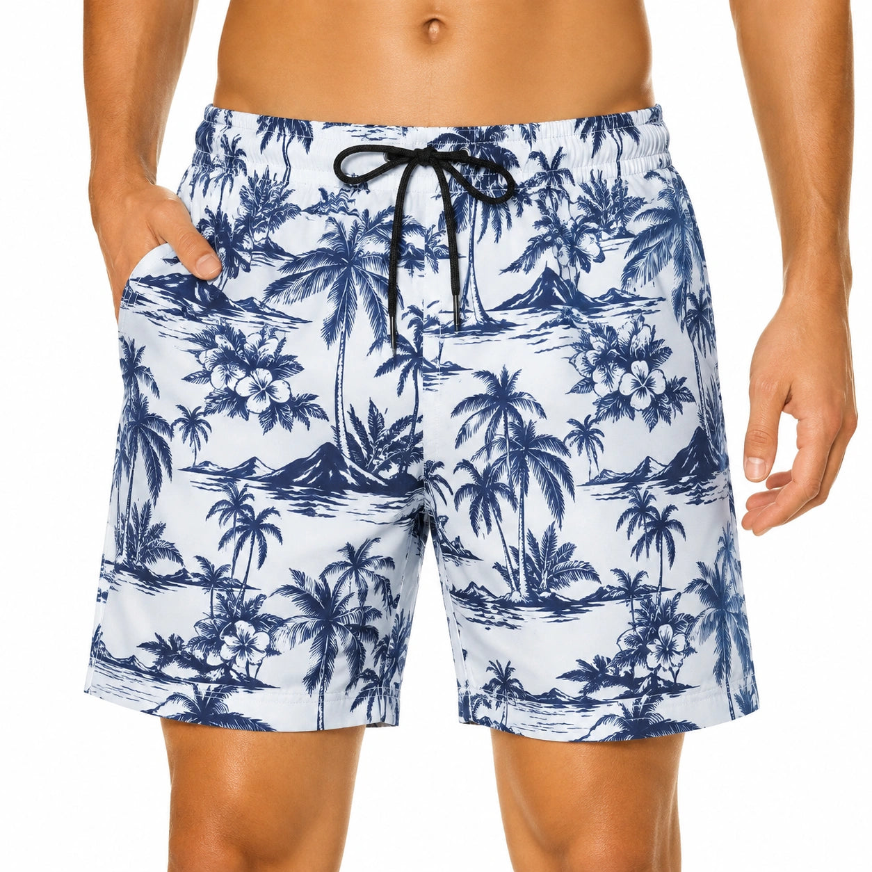 Herren Badeshorts Größe M Weiß Blau mit Palmenmuster und Kordelzug