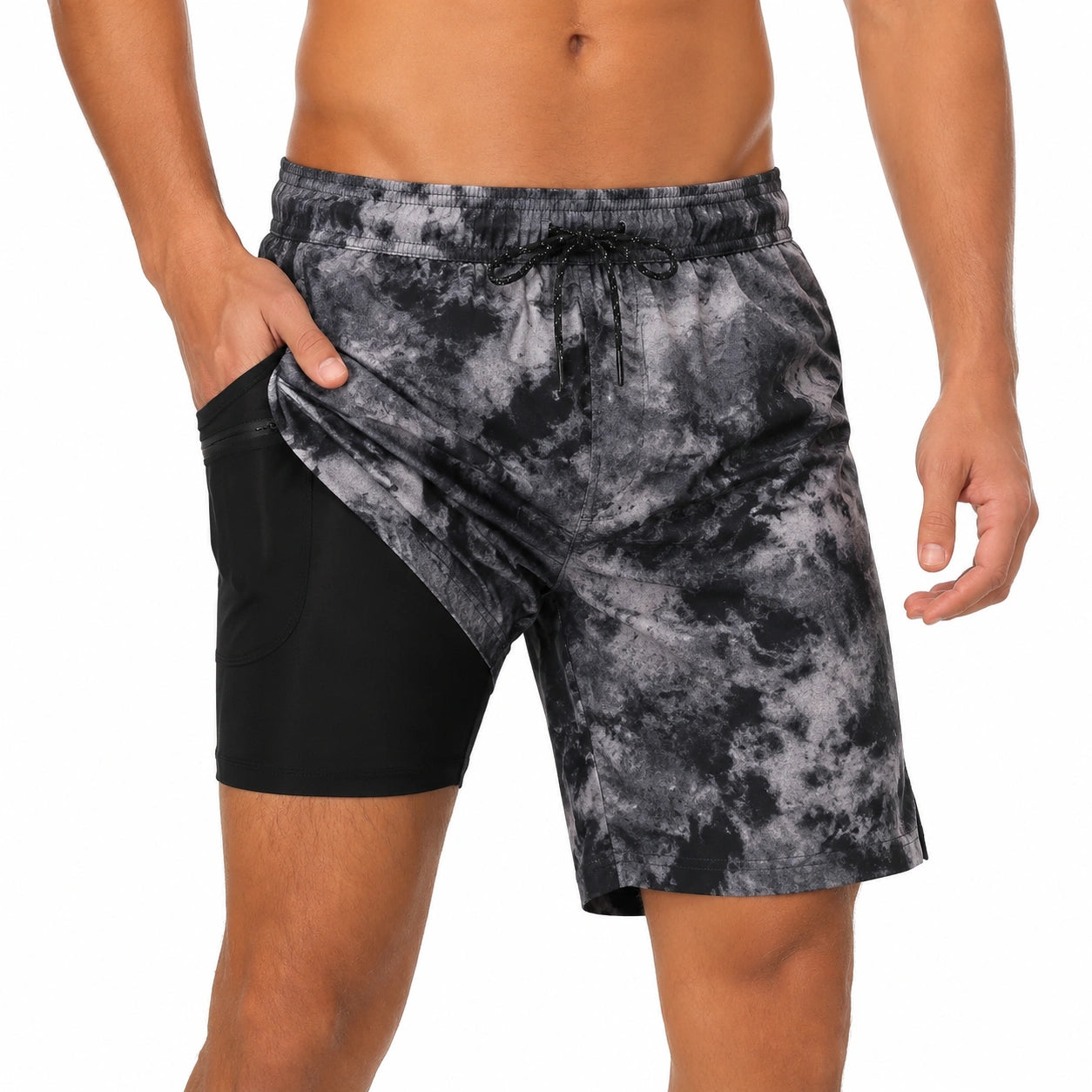 Herren Badehose L Schwarz Grau mit Innenshorts und Kordelzug