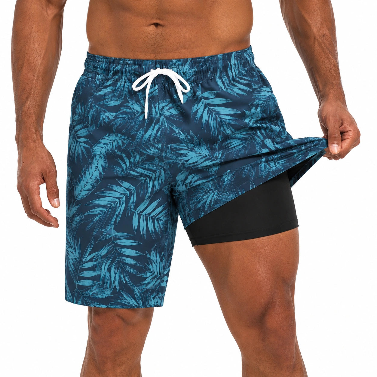 Herren Badeshorts XL aus Synthetik Blau mit Blätterdruck und Innenhose
