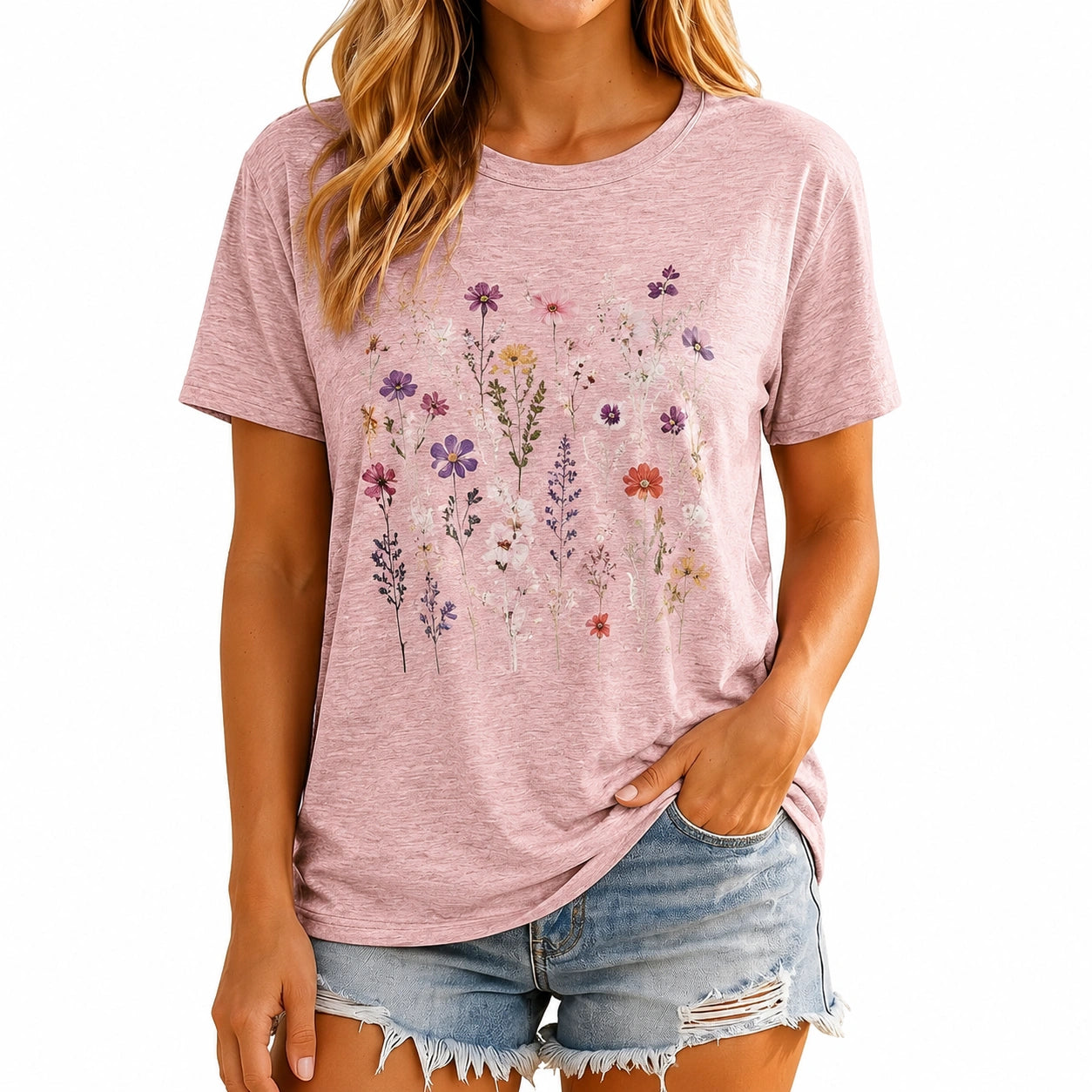 Damen T-Shirt Größe M Rosa Textil mit Blumenprint Kurzarm Rundhals