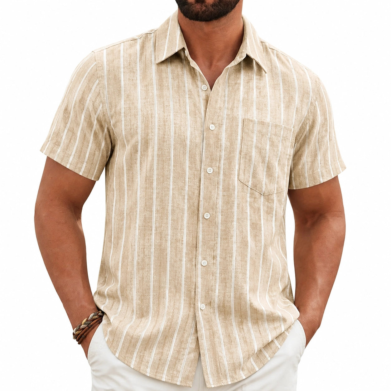 Herren Kurzarmhemd Größe L Beige Weiß Gestreift Leinenoptik Freizeit