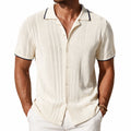 Herren Strickhemd XL Creme mit Lochstrick Kurzarm Polokragen