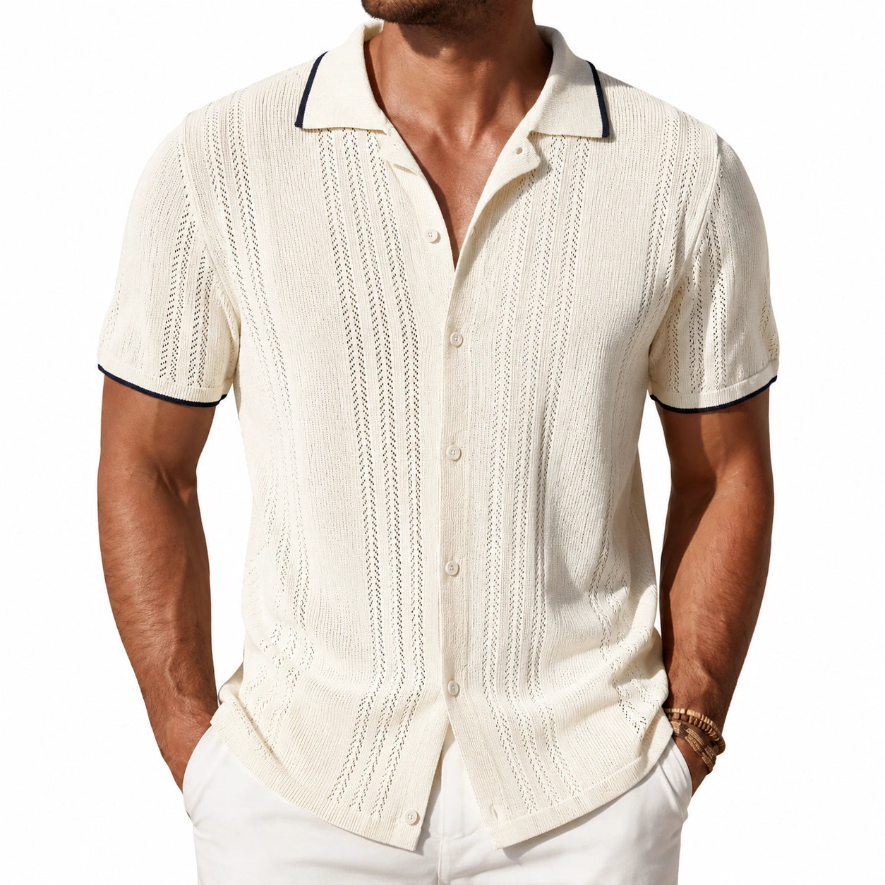 Herren Strickhemd XL Creme mit Lochstrick Kurzarm Polokragen