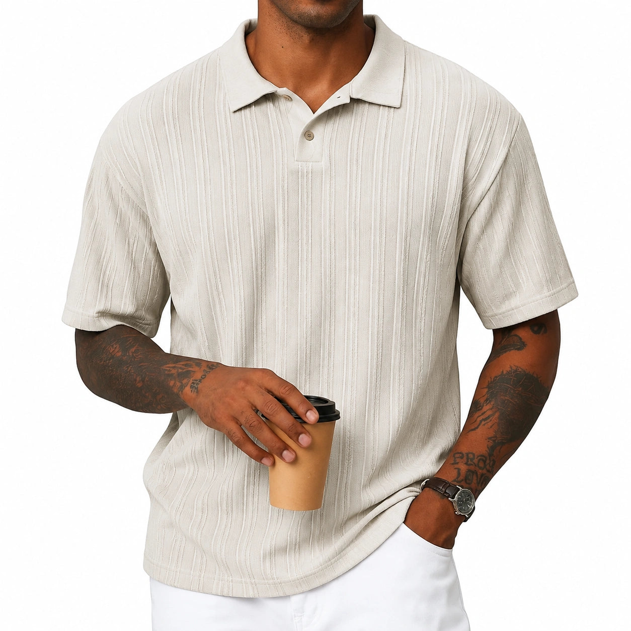 Herren Poloshirt Größe M Creme Kurzarm mit Strukturmuster Freizeit