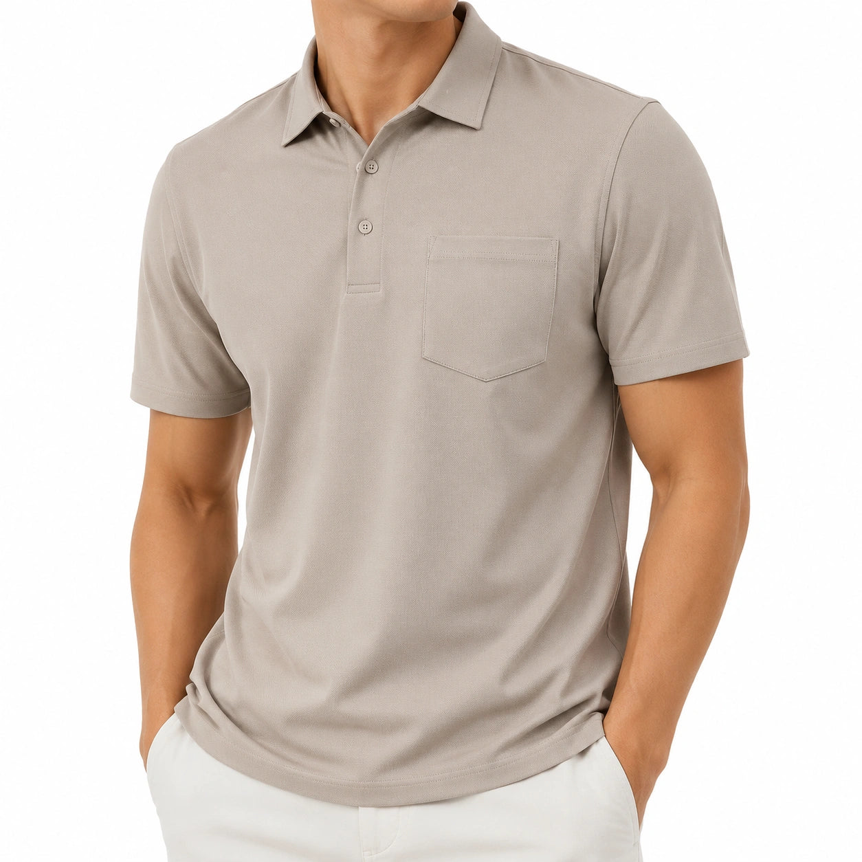 Herren Poloshirt L Beige Textil Kurzarm mit Brusttasche