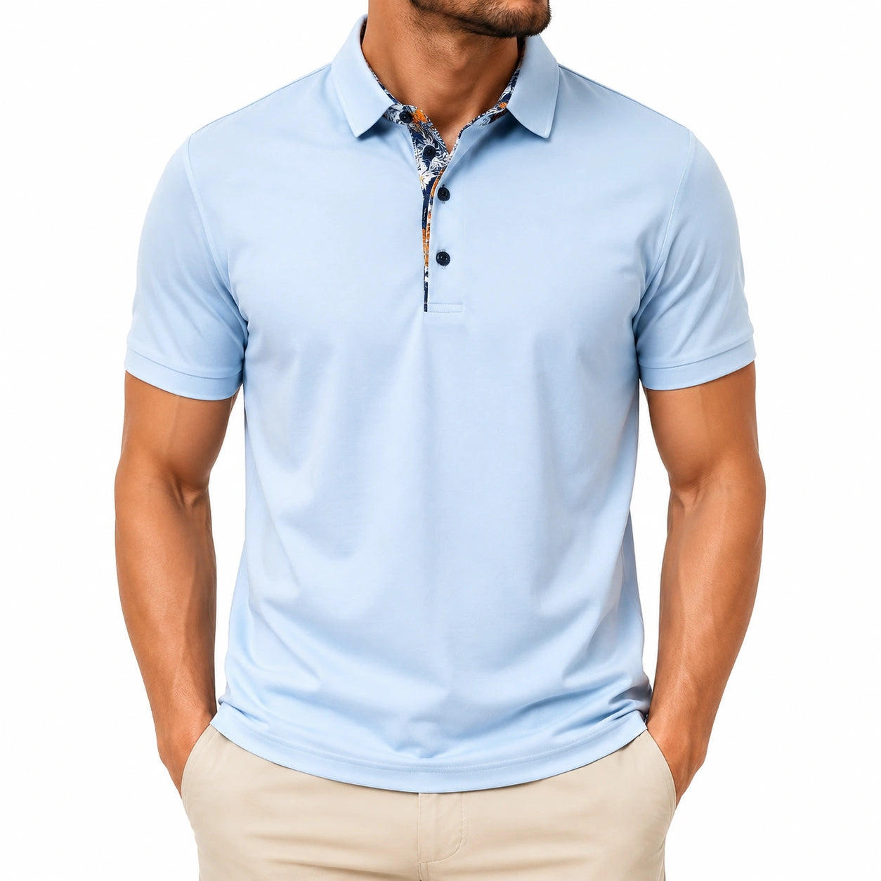 Herren Poloshirt XL hellblau kurzarm mit Musterdetails