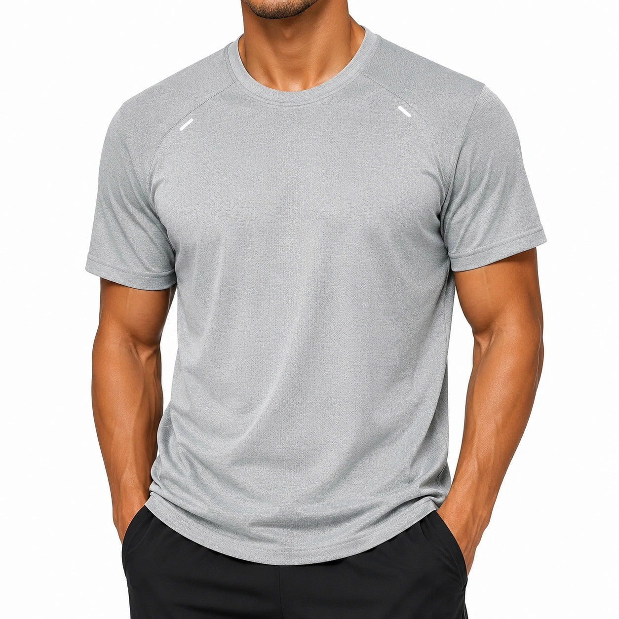 Herren Sport T-Shirt Größe M Kunstfaser Grau Kurzarm mit Rundhalsausschnitt