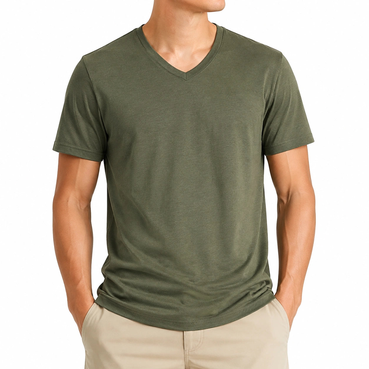 Herren T-Shirt XL Olivgrün Kurzarm V-Ausschnitt Freizeit