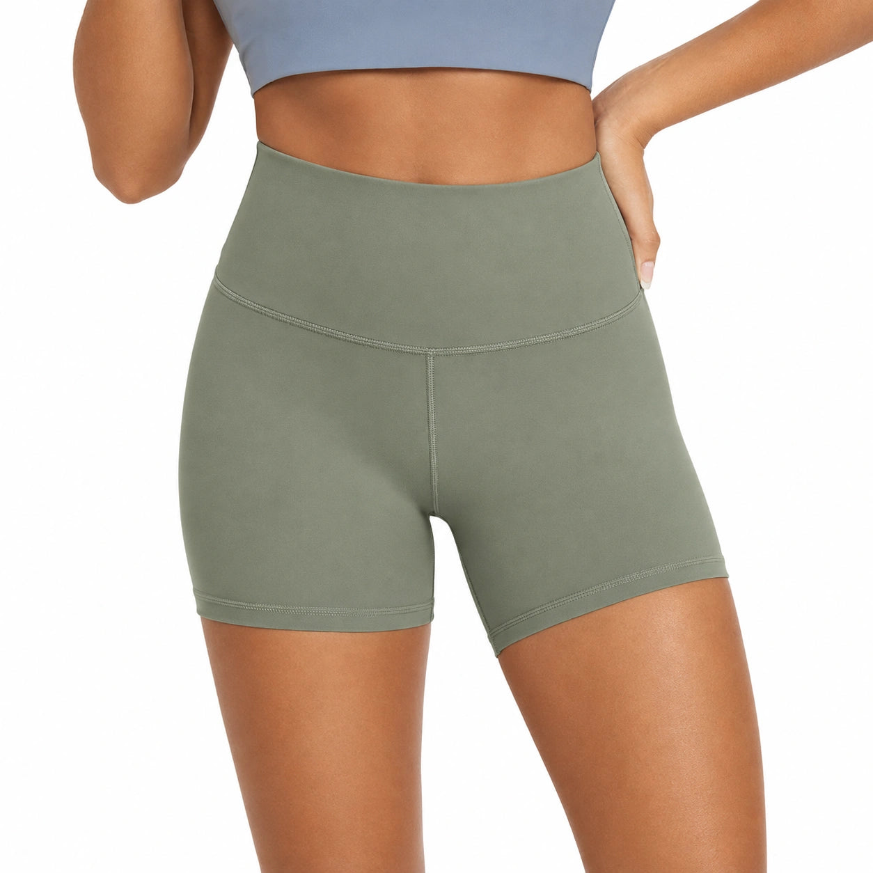 Damen Radlerhose L aus elastischem Textilgewebe Olivgrün mit hohem Bund für Sport