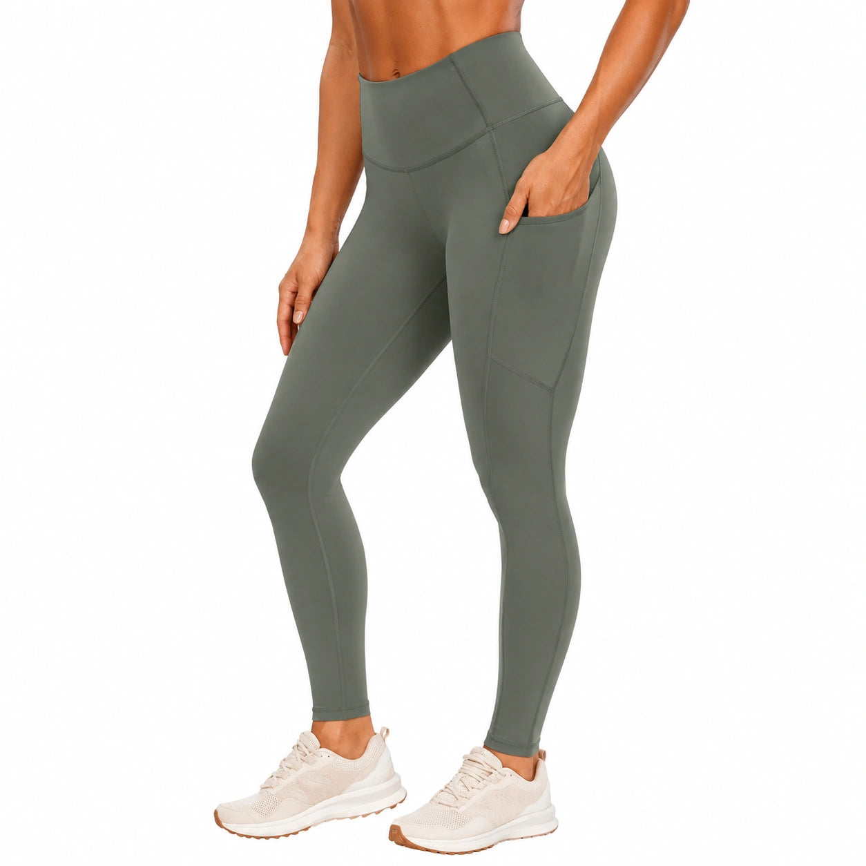 Damen Sportleggings L aus elastischem Kunstfasergewebe Olivgrün mit Seitentaschen
